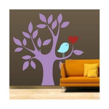 Αυτοκόλλητο τοίχου Δέντρο, καρδιά και πουλί, μωβ 