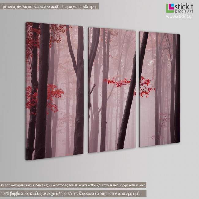 Canvas print Foggy autumn day into the forest,  3 panels, side