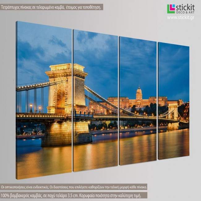 Canvas print Buda castle and Chain bridge in Budapest, four panels, side
