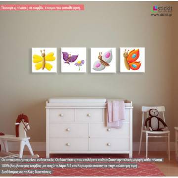Πίνακας παιδικός σε καμβά Ζωγραφισμένες πεταλούδες, set, τετράπτυχο 
