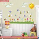 Αυτοκόλλητα τοίχου παιδικά Μελισσούλες,  λουλούδια, γαλάζιες πεταλούδες