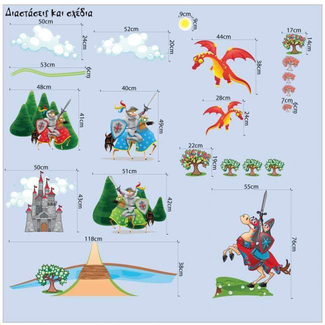 Kids wall stickers Knights , castle and dragon, large set
