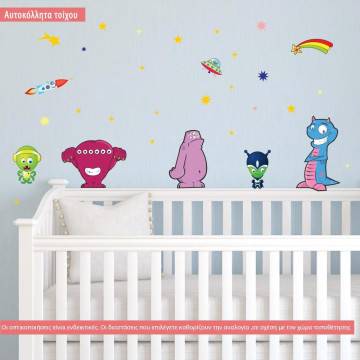 Kids wall stickers Cute, alliens, spaceships, and stars.
