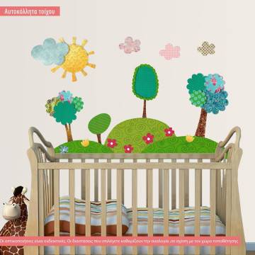 Αυτοκόλλητα τοίχου παιδικά Τοπίο με μοτίβα, δέντρα, λόφοι και ήλιος