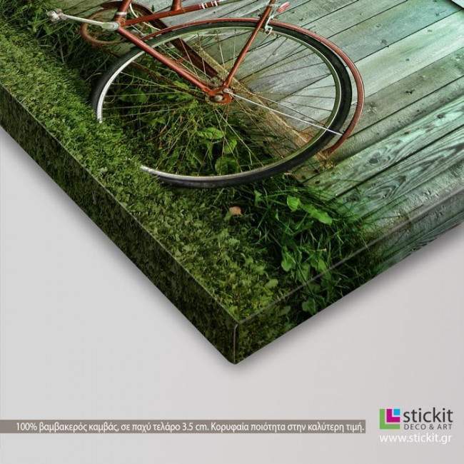 Canvas print Old bicycle leaning against grungy barn, side