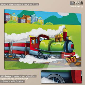 Πίνακας παιδικός σε καμβά Steaming train, καμβάς τελαρωμένος κοντινό
