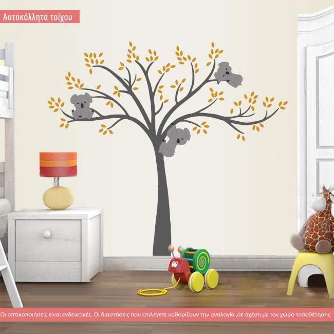 Αυτοκόλλητα τοίχου παιδικά Χαριτωμένα κοάλα, γκρι δέντρο, ολόκληρη παράσταση