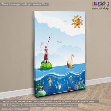 Πίνακας παιδικός σε καμβά Ship at sea and fun fish, καμβάς τελαρωμένος 2