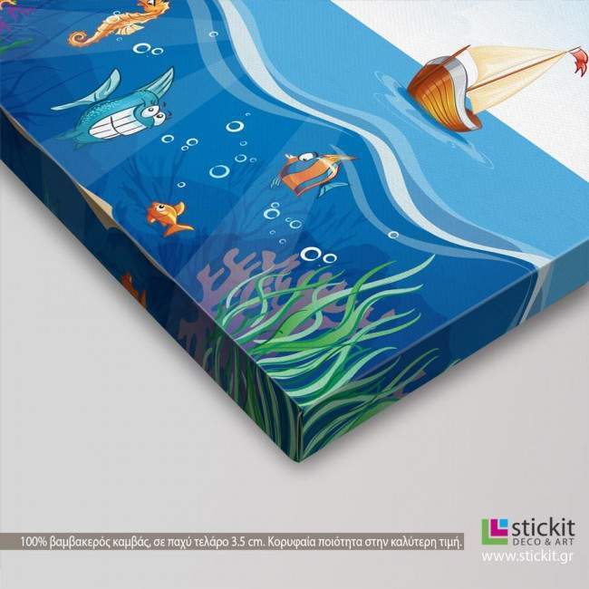 Kids canvas print Ship at sea and fun fish