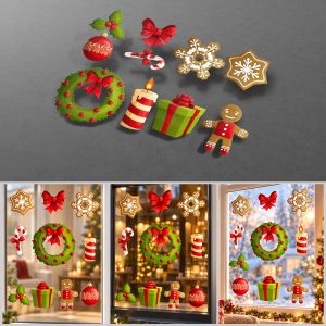 Christmas window stickers featuring wreath, gift and gingerbread man designs