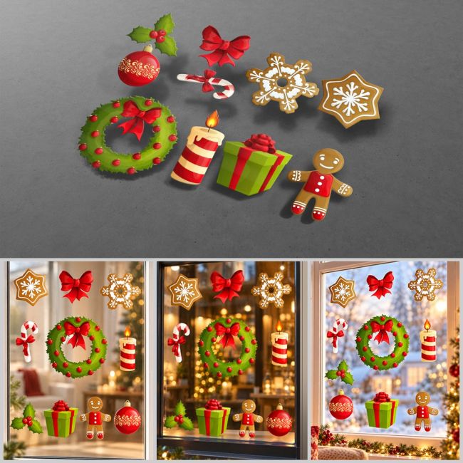 Christmas window stickers featuring wreath, gift and gingerbread man designs