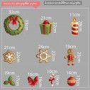 Christmas sticker set with designs and dimensions on gray background