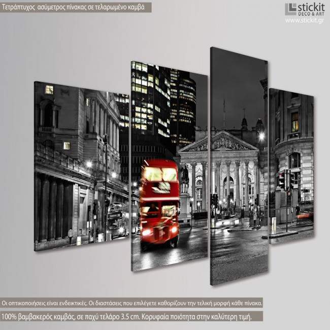 Canvas print London bus, four panels, side