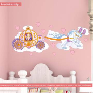 Αυτοκόλλητα τοίχου παιδικά Πριγκίπισσα με άμαξα και άλογα στα σύννεφα