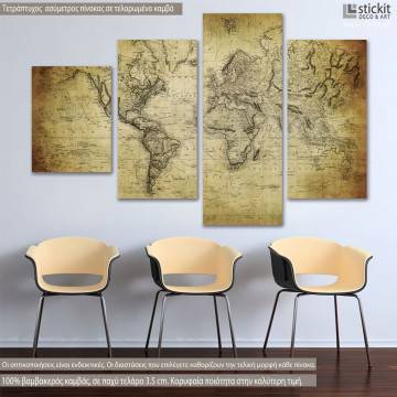 Canvas print Vintage world map 1814, four panels