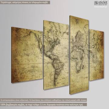 Canvas print Vintage world map 1814, four panels 2