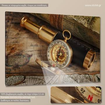 Canvas print Vintage compass telescope and map Framed canvas View 1 2