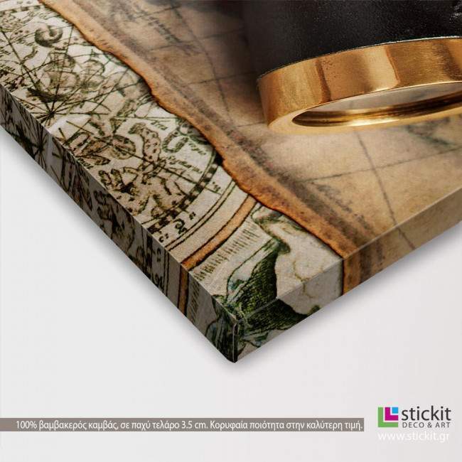 Canvas print Vintage compass telescope and map, detail
