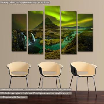 Canvas print Aurora at Kirkjufel five panels
