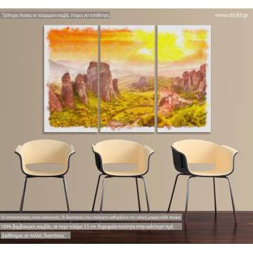 Πίνακας σε καμβά Meteora at sunset watecolor, τρίπτυχος