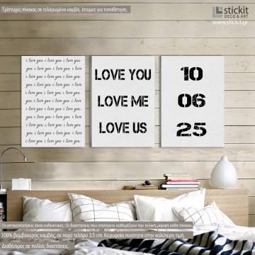 Canvas print Love you with date 3 panels