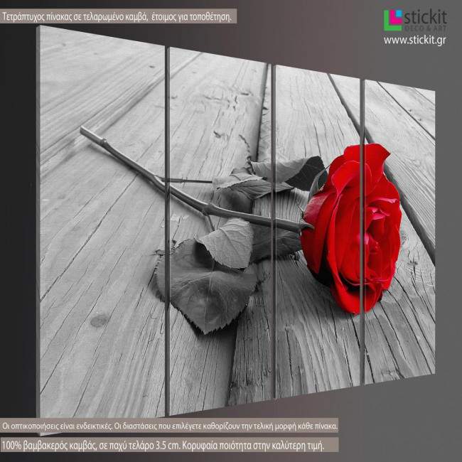 Canvas print Rose on wood, four panels, side