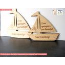 Wooden figure little boat engraved text