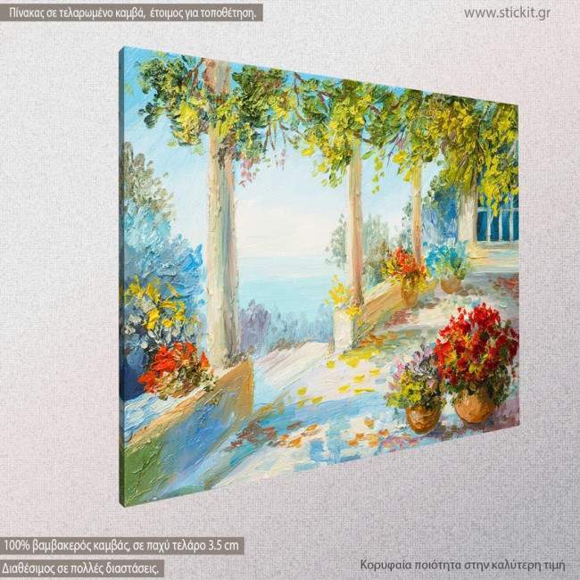 Terrace near the sea, flowers, πίνακας σε καμβά, κοντινό