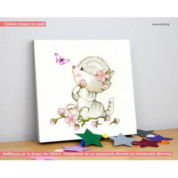 Kids canvas print Adorable kitten with flowers and butterfly
