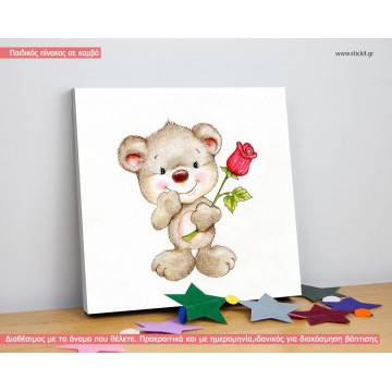 Πίνακας παιδικός σε καμβά Cute teddy bear with red rose