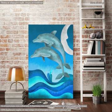 Canvas print Dolphins at moon, The jump of the dolphin II
