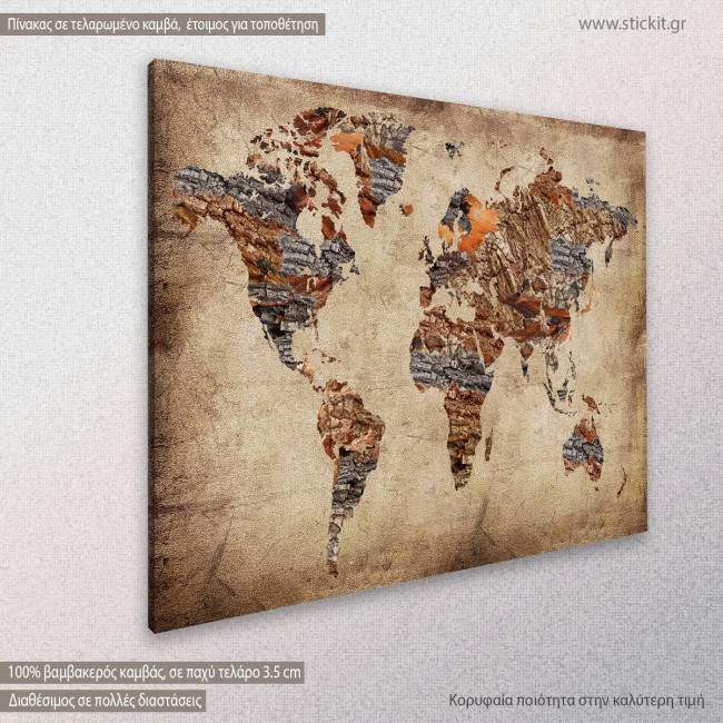 Wooden world map,  πίνακας σε καμβά, κοντινό