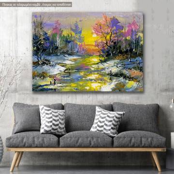 Canvas print Scenery at forest, Winter landscape with the wood river