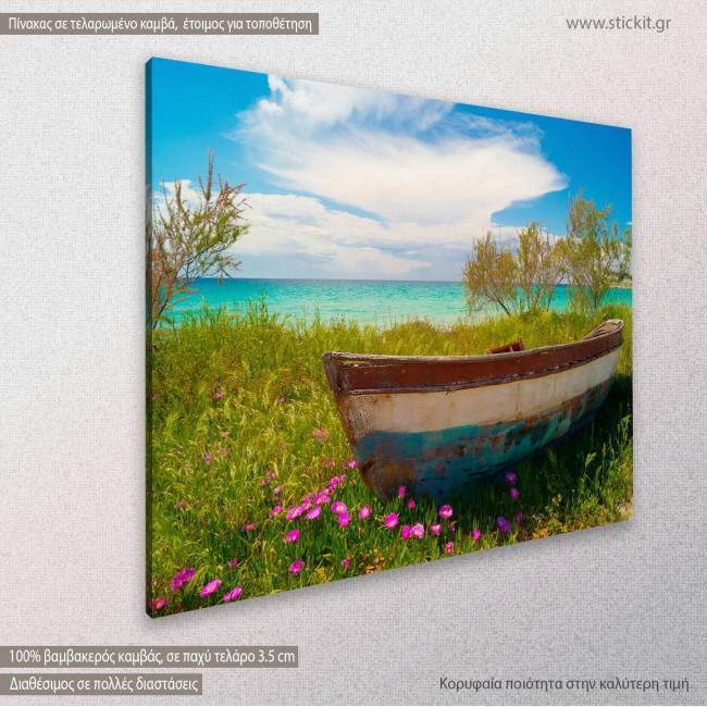 Canvas print Fishing boat at Cyclades, side