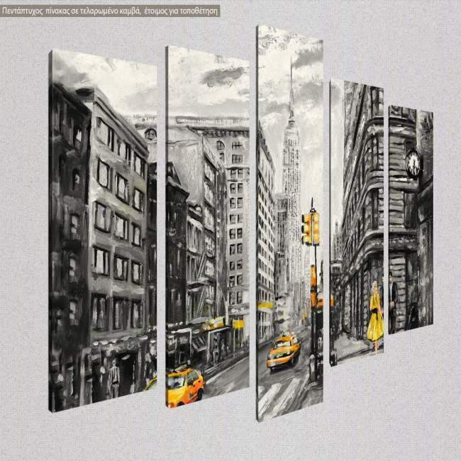 Canvas print Street view of New York, digital painting five panels, side