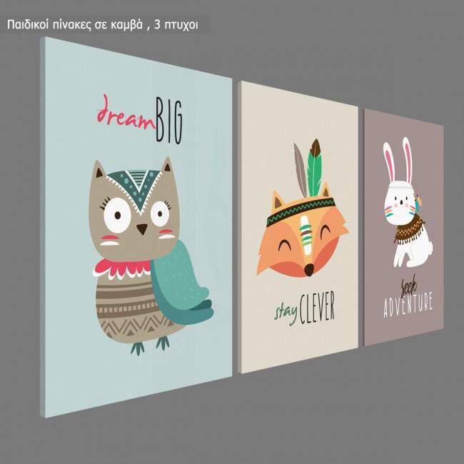 Kids canvas print The great adventurer, owl, bunny,  3 panels