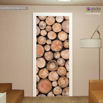Αυτοκόλλητο πόρτας Wood trunks  σωρός ξύλων