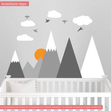 Αυτοκόλλητα τοίχου παιδικά Τοπίο με βουνά πουλιά και σύννεφα, ολόκληρη παράσταση