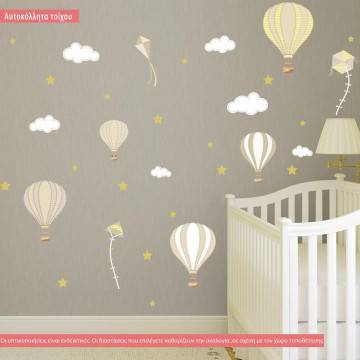 Αυτοκόλλητα τοίχου παιδικά αερόστατα, χαρταετοί και αστέρια, Balloons in the night sky brown theme, συλλογή
