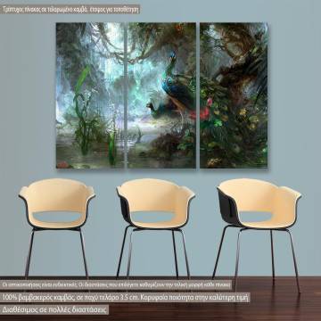 Canvas print Peacocks forest - digital art,  3 panels