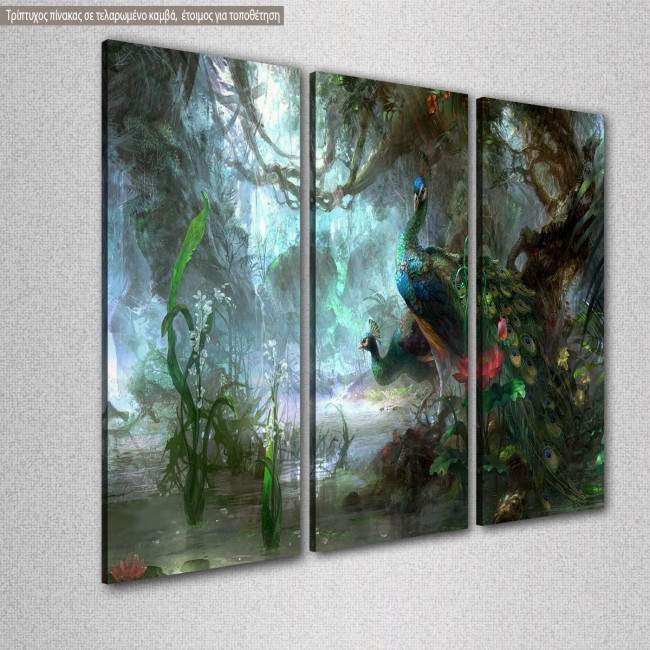 Canvas print Peacocks forest - digital art,  3 panels, side