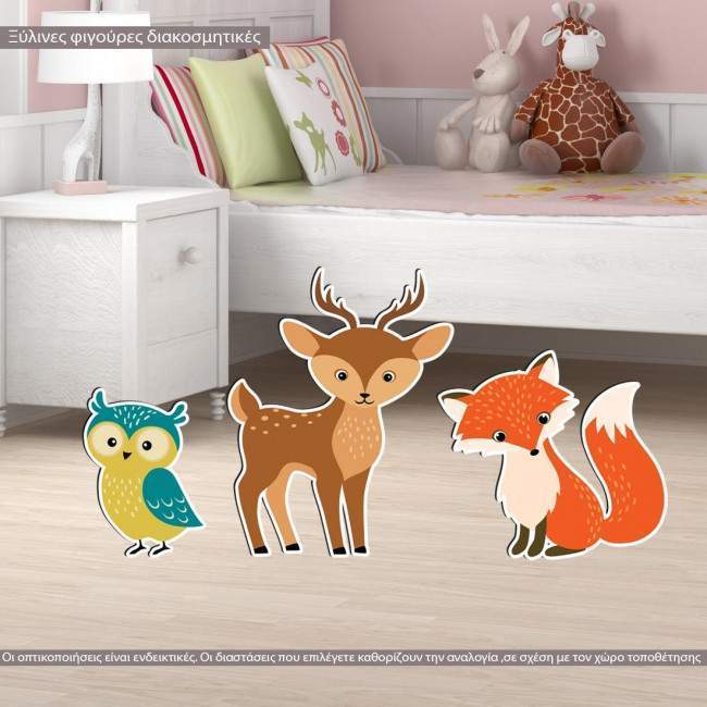 Wooden printed forest animals deer fox owl 