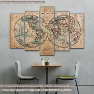 Canvas print Old world map in hemispheres five panels