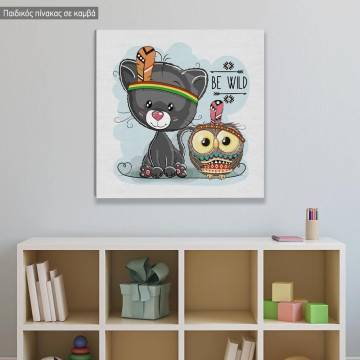 Kids canvas print Be Wild, Panther and owl tribal