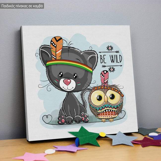 Kids canvas print Be Wild, Panther and owl tribal