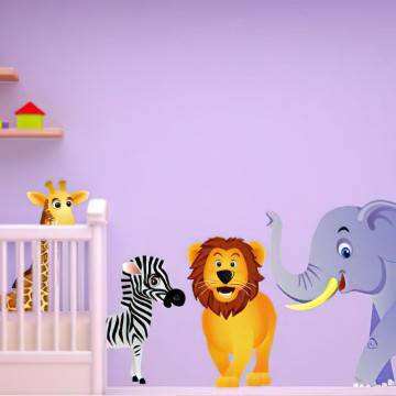 Αυτοκόλλητο τοίχου ελέφαντας, λιοντάρι, ζέβρα και καμηλοπάρδαλη.Ζώα της ζούγκλας