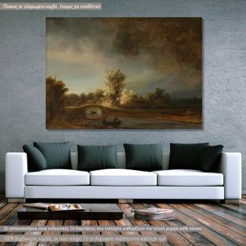 Canvas print Landscape with a stone bridge, Rembrandt
