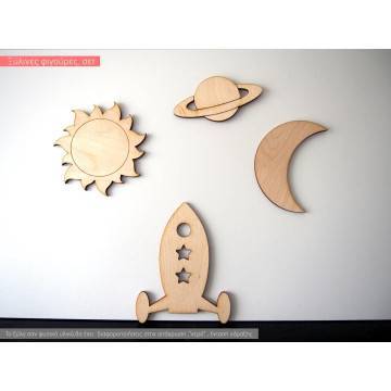 Wooden figure Rocket sun saturn moon, set 4 pcs