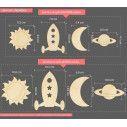 Wooden figure Rocket sun saturn moon, set 4 pcs