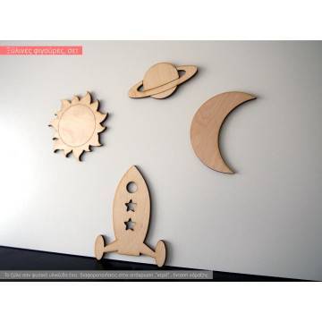 Wooden figure Rocket sun saturn moon, set 4 pcs 2